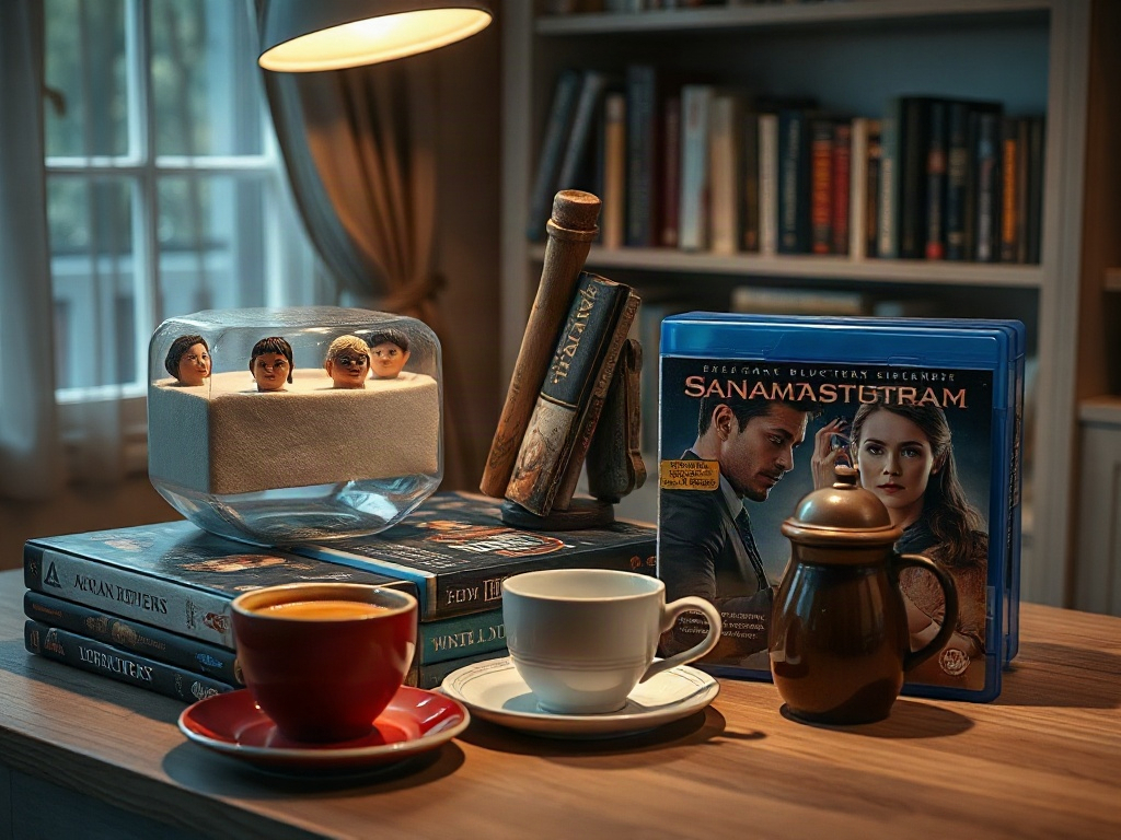 На столе книги, чашки с кофе и фильм на Blu-ray "SANAMASTUTRAM" с фигурками в банке.