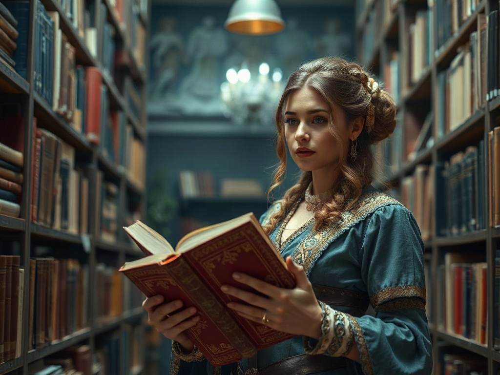 Молодая женщина в библиотеке читает книгу, окруженная стеллажами с книгами и мягким светом.