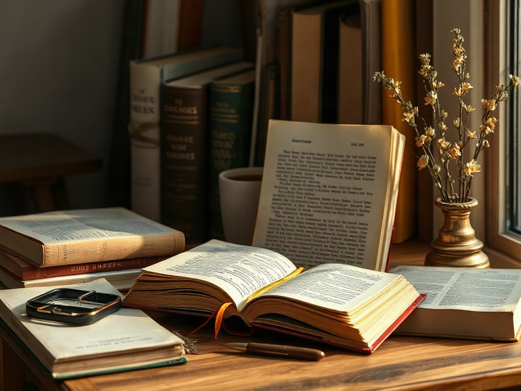 На столе лежат книги, заметки и чашка, рядом с ними цветы в вазе. Уютная атмосфера чтения.