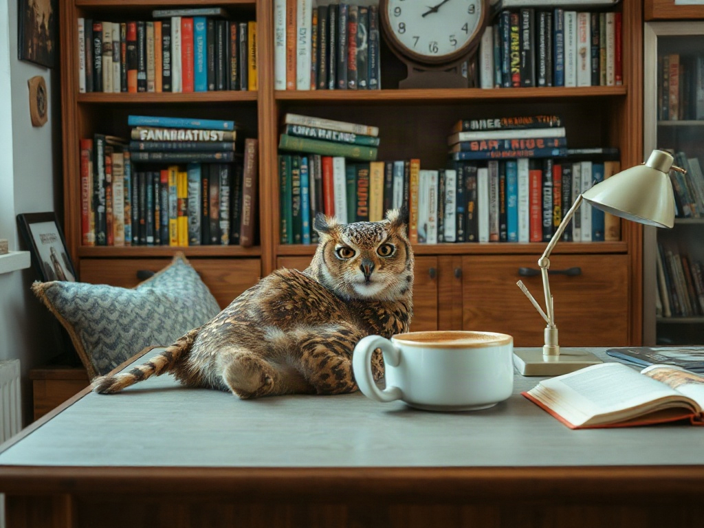 На столе сидит сова рядом с чашкой кофе и открытой книгой, на заднем фоне полки с книгами.